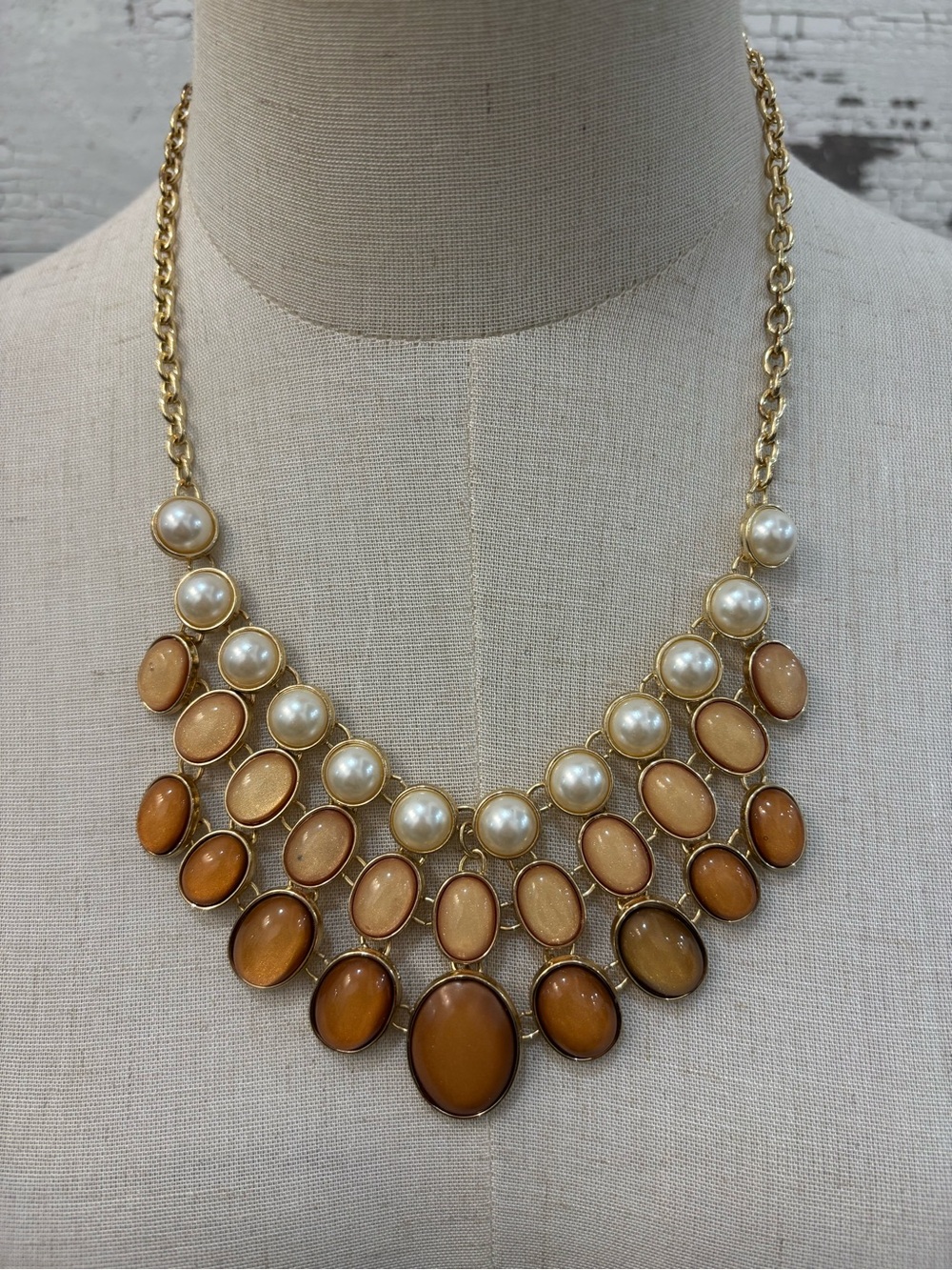 NY Collection Gold-Tone Statment Bib Necklace with Amber Stones & Pearl Accents